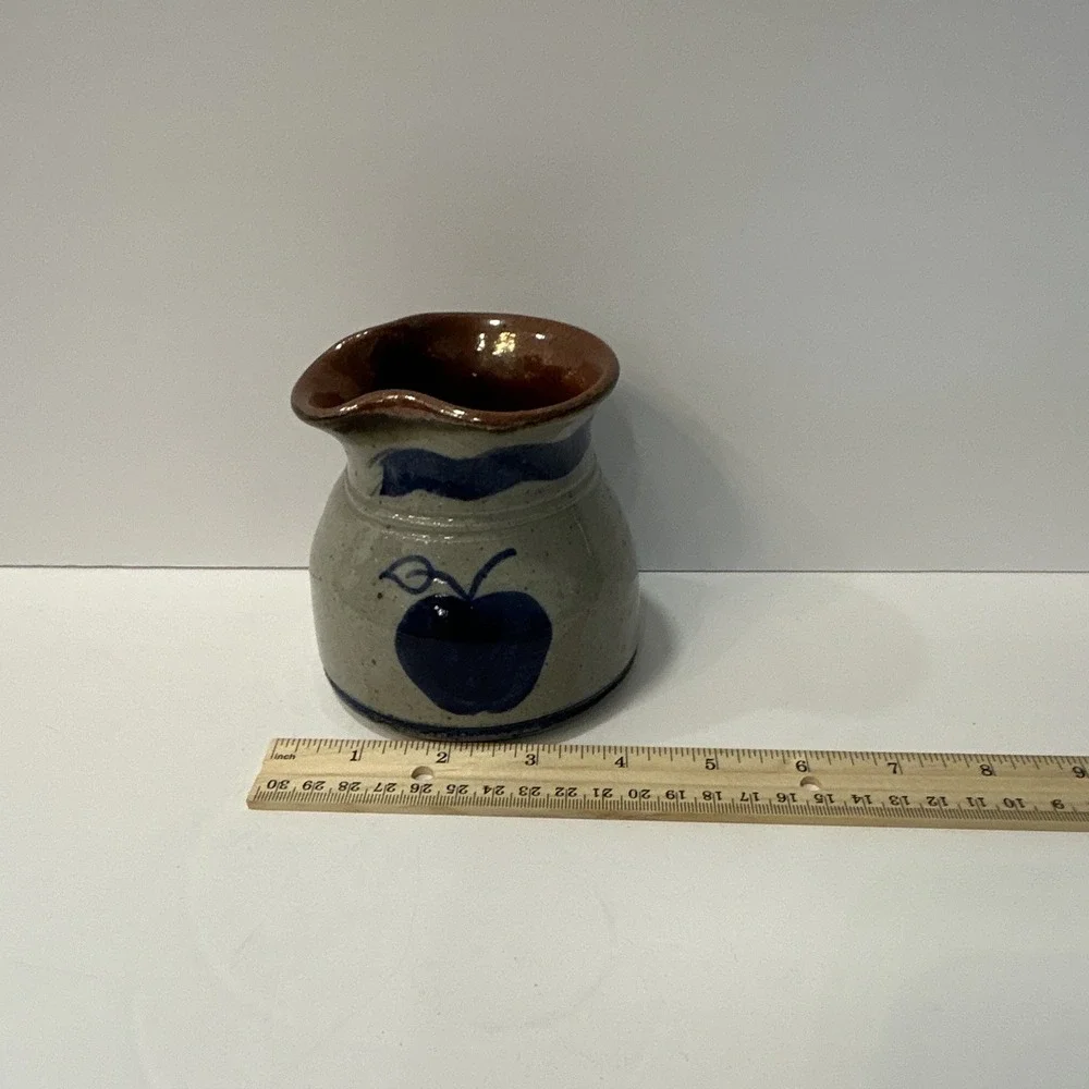 Stoneware Apple Pattern Creamer Gray Blue Brown Glossy Pottery 4 inch